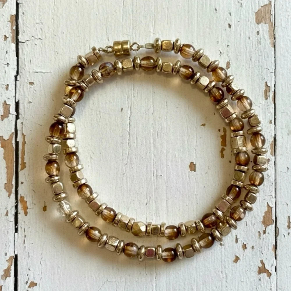 Gold Hematite & Ombre Brown Double Wire Wrap Bracelet with a Gold Filled Clasp - Picture 2 of 3